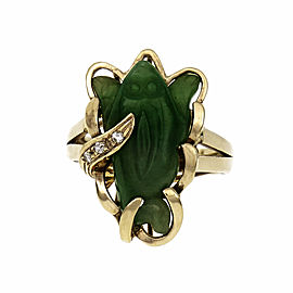 Natural Jadeite Jade Carved Seal Ring 14k Yellow Gold Diamond