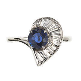 Vintage 1950 No Heat Sapphire Ring Swirl Baguette Diamond 14k White Gold