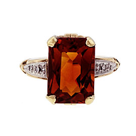 Vintage 1950 Orange Emerald Cut Citrine Ring 14k Gold Diamond