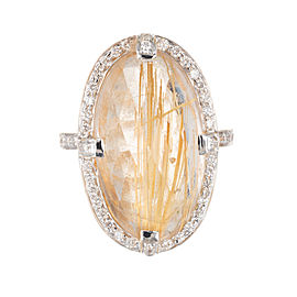 14.35 Carat Oval Rutilated Quartz Diamond Halo Gold Cocktail Ring