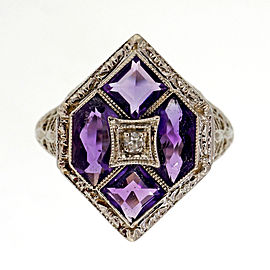 14k White Gold 1.30ctw Amethyst and Diamond Art Deco Filigree Ring Size 6