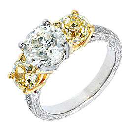 Peter Suchy Platinum 18k Yellow Gold Three Stone White Yellow Diamond Ring Size 6.5