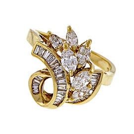 Vintage 1960 1.05ct Marquise Baguette Swirl 18k Yellow Gold Diamond Ring Size 7.25