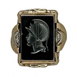 Estate 14k Yellow Gold With White Gold Trim 1960 Carved Hematite Diamond Ring