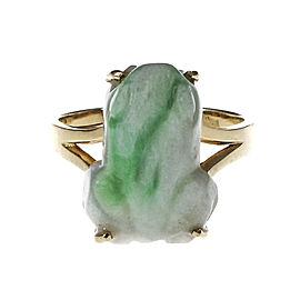 Mottled Green Natural Jade Carved Frog Ring 14k Gold GIA Certified