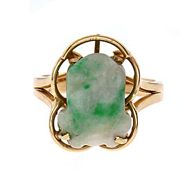 Mottled Green Natural Jadeite Jade Carved Frog Ring 14k Gold GIA Certified