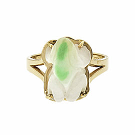 Mottled White & Green Natural Jade Carved Frog Ring 14k Gold GIA Certified