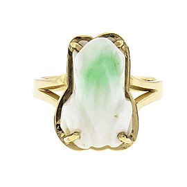 1980 Green & White Natural Jade Carved Frog Ring 14k Gold GIA Certified
