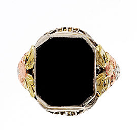 Antique Art Deco Filigree 14k White Gold Pink Gold Black Onyx Ring