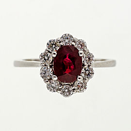 Rare Blood Red 1.00ct Oval Ruby Diamond 14k White Gold Cluster Ring
