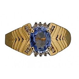 Estate 14k Yellow Gold Oval Light Blue Sapphire Round Diamond 'V' Pattern Ring