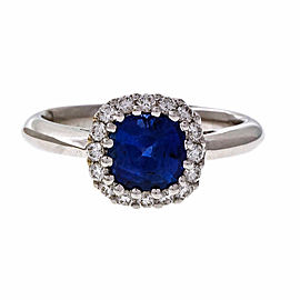 18k White Gold Cushion Cut Sapphire Halo Diamond Ring Size 6.5