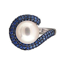 Vintage JS 10mm Cultured Pearl Sapphire Pave 14k White Gold Ring