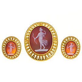 18k Yellow Gold Vintage 1800s Carved Carnelian Pin/Pendant and Earring Set