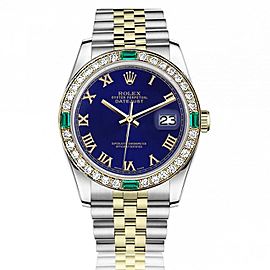 Women's Rolex 31 mm Datejust Vintage Diamond Bezel with Emeralds Two Tone BLUE ROMAN RT Baguette Color Diamond Dial