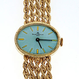 Vintage Ladies Baume & Mercier 1960 14k Gold Rope Bracelet Watch Ice Blue Dial