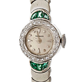Mid Century Tessco Emerald Diamond White Gold Manual Wind Wrist Watch