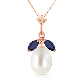 14K Solid Rose Gold Necklace with Natural Cultured Pearl & Sapphires