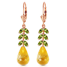 14K Solid Rose Gold Leverback Earrings with Peridot & Citrines