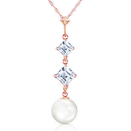 14K Solid Rose Gold Necklace with Natural Aquamarines & Cultured Pearls