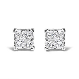 True .925 Sterling Silver 1/4 Cttw Invisible Set Princess Diamond Composite Quad Stud Earrings (I-J Color, I1-I2 Clarity)