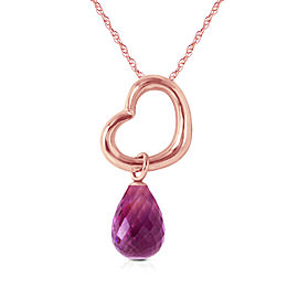 14K Solid Rose Gold Heart Necklace with Dangling Natural Amethyst