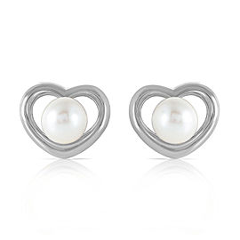 14K Solid White Gold Heartstud Earrings with Natural Cultured Pearls