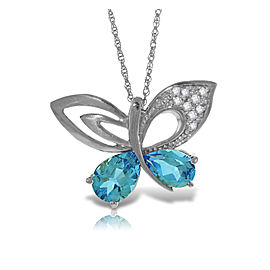 14K Solid White Gold Batterfly Necklace with Natural Diamonds & Blue Topaz