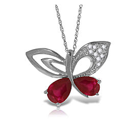 14K Solid White Gold Batterfly Necklace withNatural Diamonds & Ruby