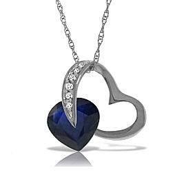 14K Solid White Gold Heart Necklace with Natural Diamond & Sapphire