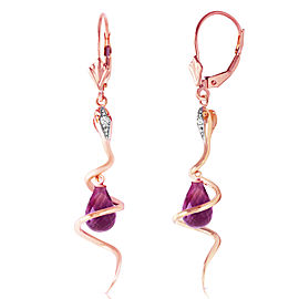 14K Solid Rose Gold Snake Earrings with Dangling Briolette Amethysts & Diamonds