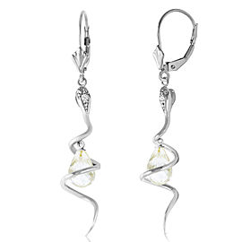 14K Solid White Gold Snake Earrings with Dangling Briolette White Topaz & Diamonds