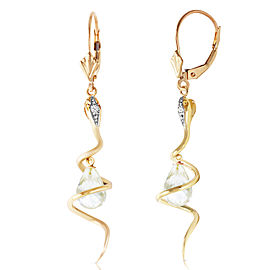 14K Solid Gold Snake Earrings with Dangling Briolette White Topaz & Diamonds