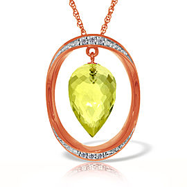 14K Solid Rose Gold Necklace with Diamonds & Briolette Pointy Drop Lemon Quartz