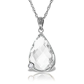 14K Solid White Gold Necklace with Briolette Checkerboard Cut White Topaz & Diamond