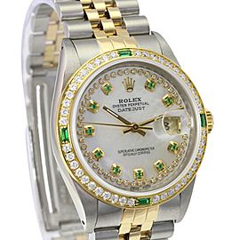 White Mop Men Datejust 2tone Diamond Emerald Dial Diamond Bezel Watch
