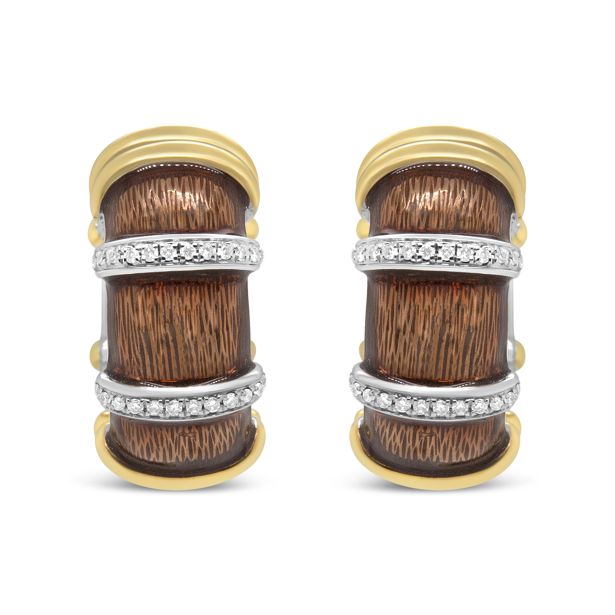 18K Yellow and White Gold Flash Plated .925 Sterling Silver Clear Brown Enamel 9/10 Cttw Round Diamonds Huggie Hoop Earrings (F-G Color, VS1-VS2 Clarity)