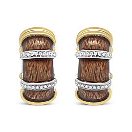 18K Yellow and White Gold Flash Plated .925 Sterling Silver Clear Brown Enamel 9/10 Cttw Round Diamonds Huggie Hoop Earrings (F-G Color, VS1-VS2 Clarity)