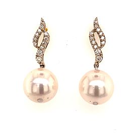Diamond Akoya Pearl Dangle Earrings 14k Gold 9.2 mm Certified $1,990