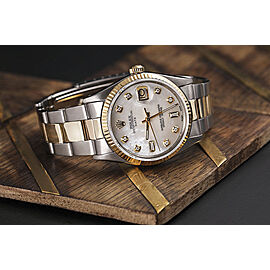 Rolex Date 34mm White Mother of Pearl 8+2 Diamond Accent Dial 2 Tone Oyster Band