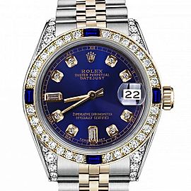 Men's Rolex 36mm Datejust Two Tone Jubilee Blue Color Dial Baguette Diamond Accent Bezel + Lugs + Sapphire 16233