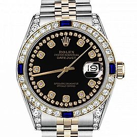 Men's Rolex 36mm Datejust Two Tone Black Color String Diamond Accent Dial Bezel + Lugs + Sapphires 16233