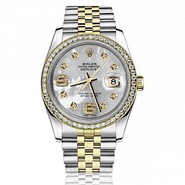 Rolex Oyster Perpetual 36mm Datejust Diamond Bezel White Mother Of Pearl Dial with Diamond 6 & 9 Numbers 16233