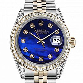 Rolex 36mm Oyster Perpetual Datejust Diamond Bezel & Lugs Blue Mother Of Pearl Diamond Dial 16233
