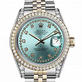 Rolex 36mm Datejust Two Tone Diamond Bezel & Lugs Ice Blue String Diamond Dial 16233