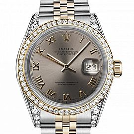 Rolex 36mm Datejust Two Tone Diamond Bezel & Lugs Slate Grey Roman Numeral Dial 16233