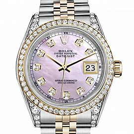 Rolex 36mm Datejust Pink Mother Of Pearl Dial with Diamond Markers Diamond Bezel & Lugs 16233
