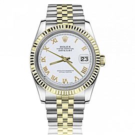 Rolex 36mm Datejust White Dial with Roman Numeral Markers 18k Yellow Gold Fluted Bezel