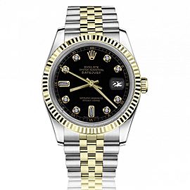 Rolex 36mm Datejust 16013 Black Dial with Baguettes 6&9 18k Yellow Gold & Stainless Steel Watch