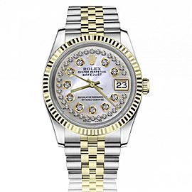Rolex 36mm Datejust White Mother Of Pearl String Diamond Dial Two Tone Jubilee Watch